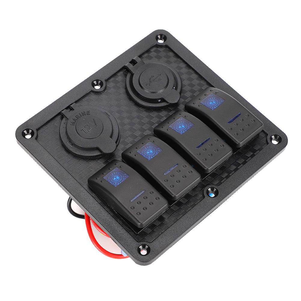 12V 24V 4 Gang Rocker Switch Panel IP65 Waterproof with Lighter Socket 2 USB for Car Boat