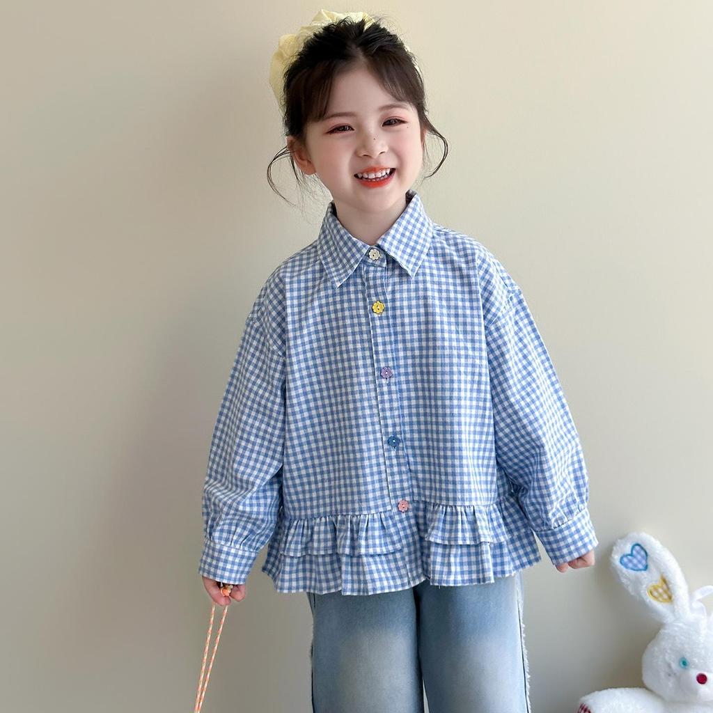 Girls' Floral Plaid Shirt - Spring/Autumn 2025 Fashion for Children