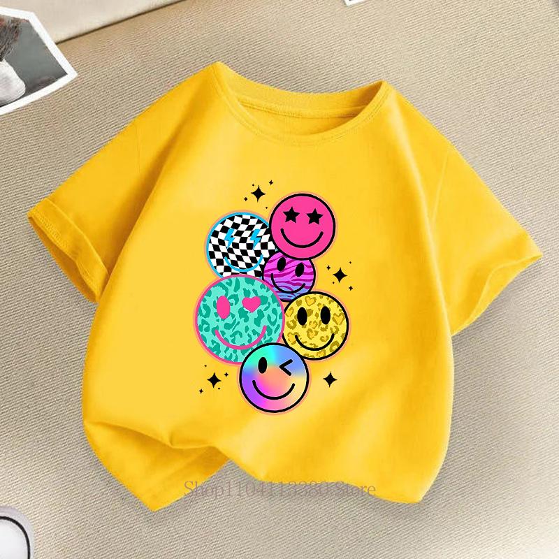Cartoon Smile Print T-Shirt Summer Boys' and Girls' Fashion Casual Fun Cute Colorful Short Sleeve