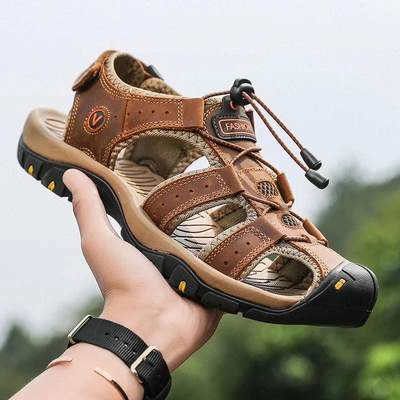Sandalen für Herren Sommer Herren Sandalen Outdoor Strand Leder Herrenschuhe Urlaub Klassisch Walking Flach Baotou Atmungsaktive Sandalen Schuhe