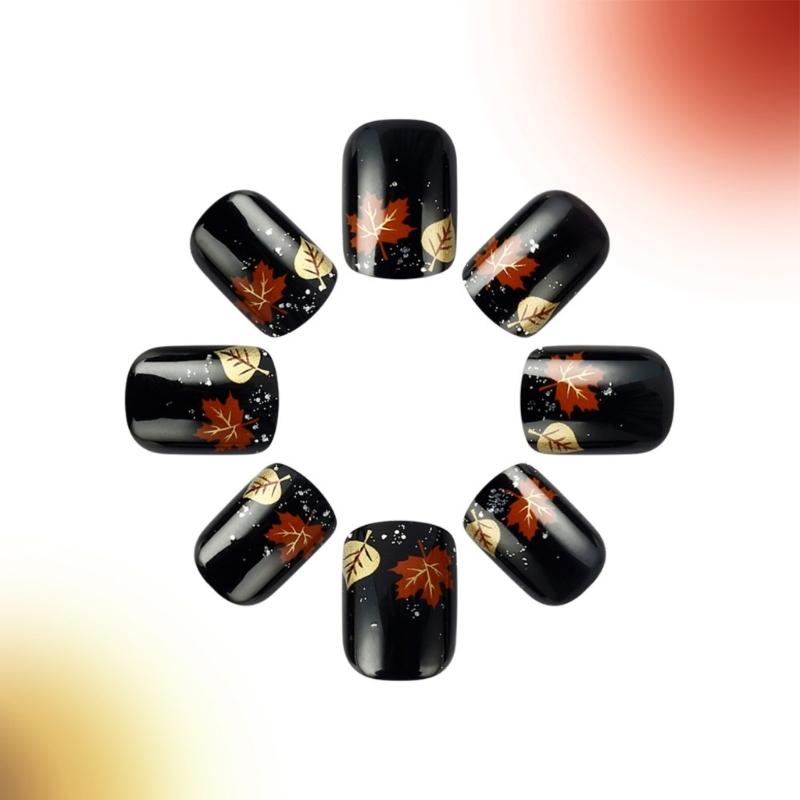 Short Square Press on False Nails Maple Leaf Pumpkin Nail Art Decoration Thanksgiving Day Manicure for Women and Girls