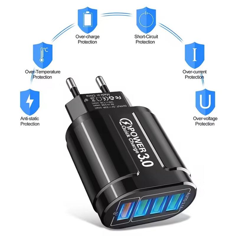 48W QC3.0 Quick Charger 4USB EU US Standard Travel Portable 4 Port Fast Charging Suitable For Android iPhone Xiaomi Other Devices
