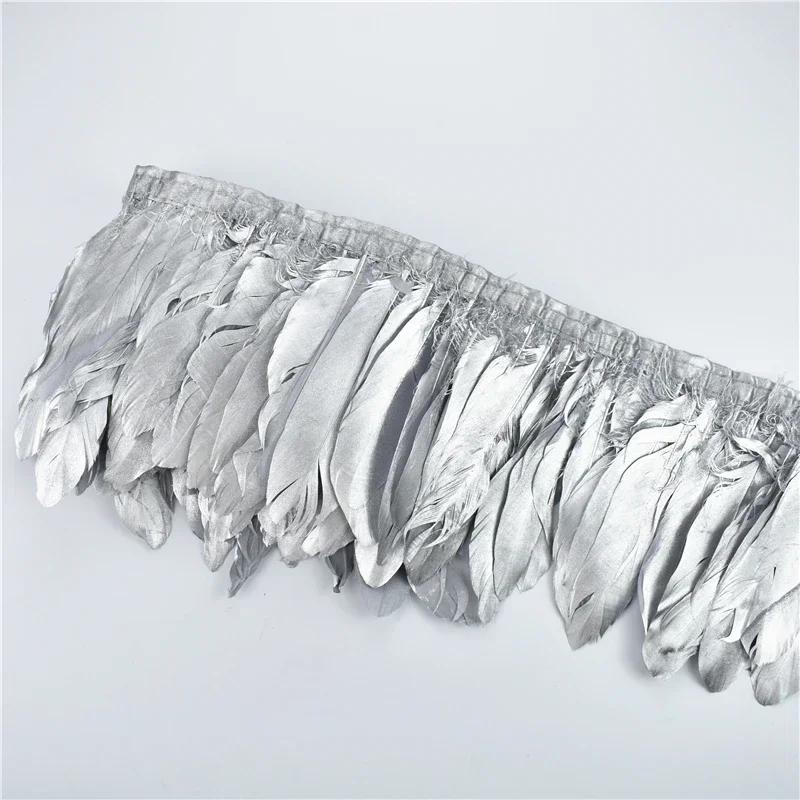 1Yards Spray Gold Silver Goose Feathers On Tape Fringe Trim Ribbon Dress Geese Feather Tims Clothes Sewing Fabric Decoration Diy