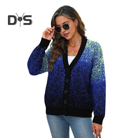 

Женский вязаный свитер, пальто с V-образным вырезом и длинным рукавом, звездно-голубой свитер, кардиган, осень-зима, свободный трикотаж синий