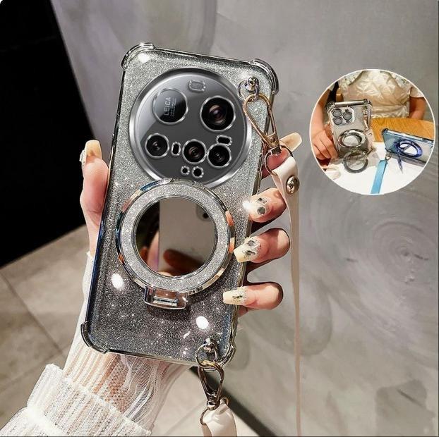 Crossbody Lanyard Shockproof Glitter Plating Magsafe Holder Case For Xiaomi 15 Ultra 14 14T 13 12 Pro Cover