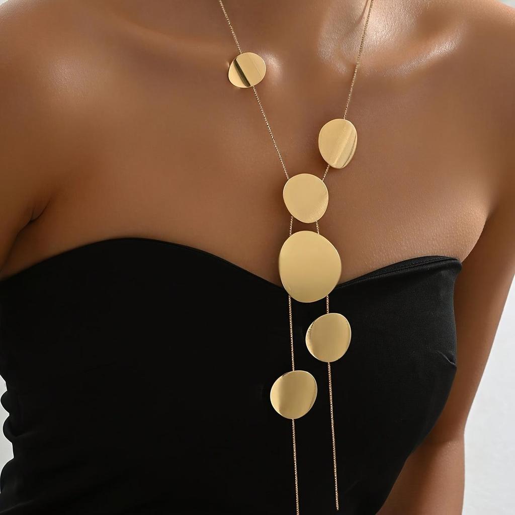 1pc Elegant Statement Style Geometric Round Glossy Brushed Irregular Thin Snake Chain Long Pendant Necklace Jewelry for Women