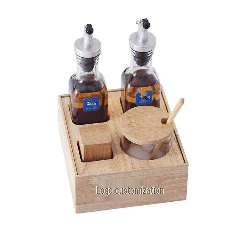 Tabletop Condiment and Seasoning Set with Solid Wood Base