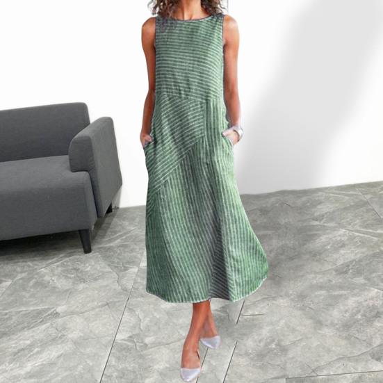 Women Summer Dress Striped Patchwork Sleeveless O-neck Loose Dress-up Pockets A-line Women Midi Dress Women Clothes