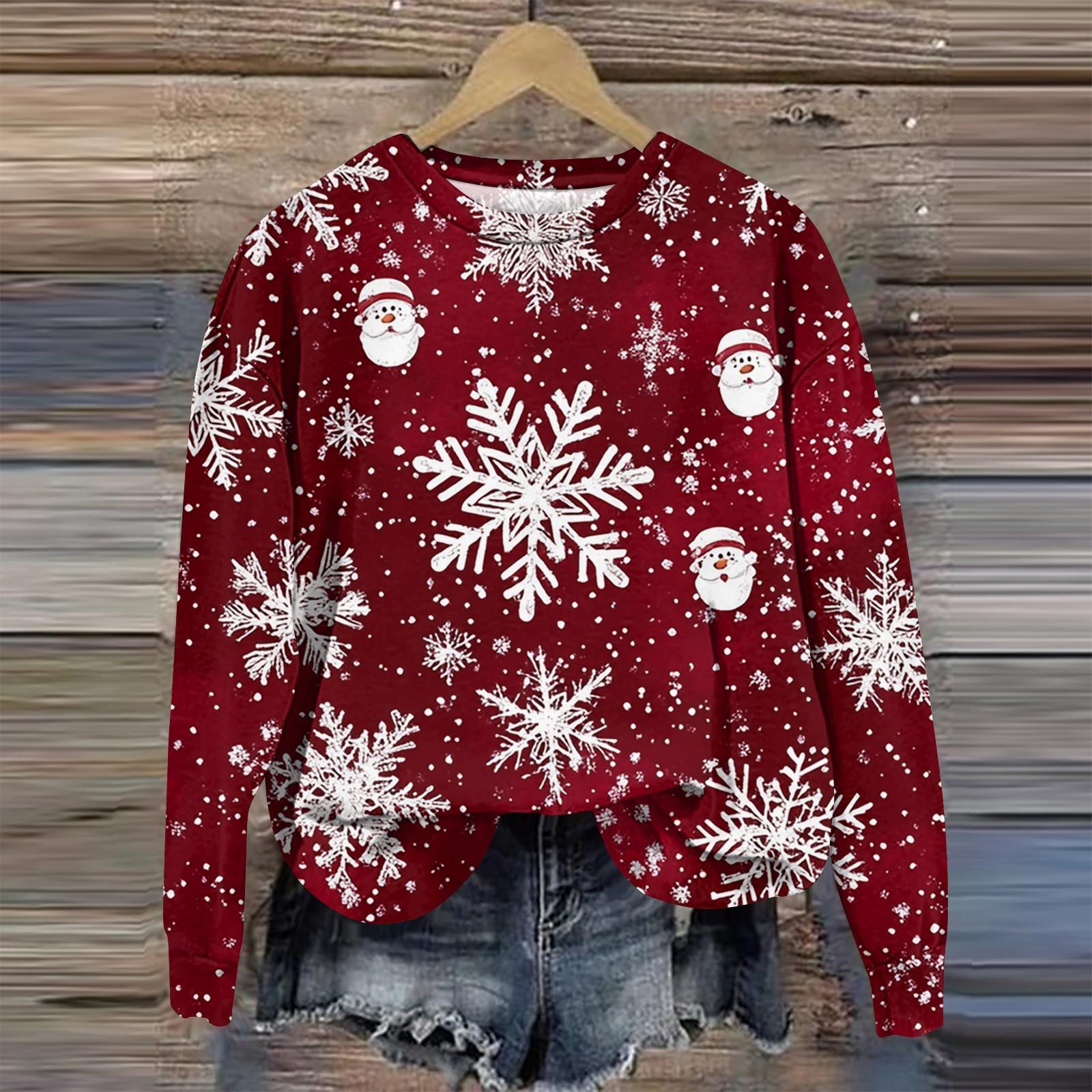 

Женская мода круглый вырез пуловер длинный рукав футболка рождественский принт топ XL винный