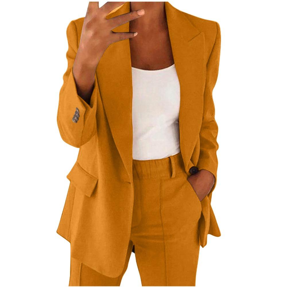 Damen Revers Langarm Blazer Hose 2-teiliges Outfit Elastische Taille Einfarbig Business Casual Anzug Set