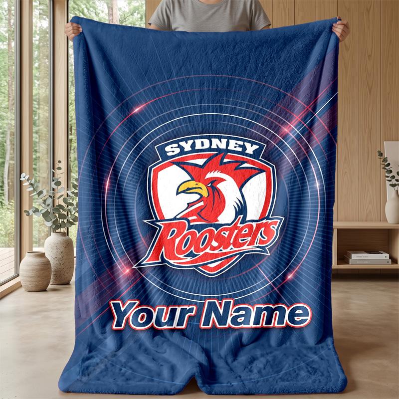 Sydney Roosters Custom Flannel Throw Blanket Print Your Name Text Soft Warm Blanket Holiday Present