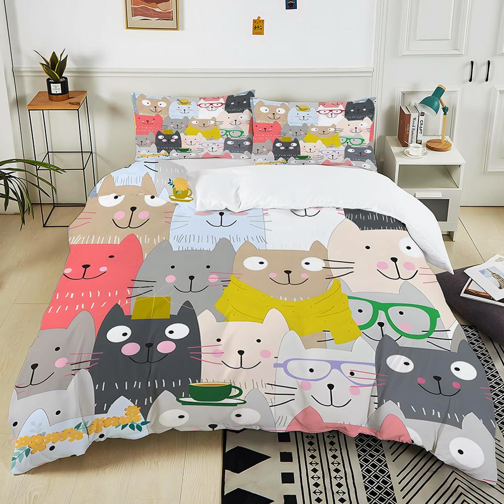 Cute Cats Group Colorful Decor Print Bedding Set 1 Duvet Cover 2 Pillowcases For Adult And Children Luxury Gift Full Size