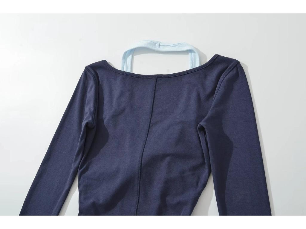 American Spicy Girl Colorblock Twisted Long Sleeve Contrast Halter Shirt - Women's Spring/Autumn Slim Fit 