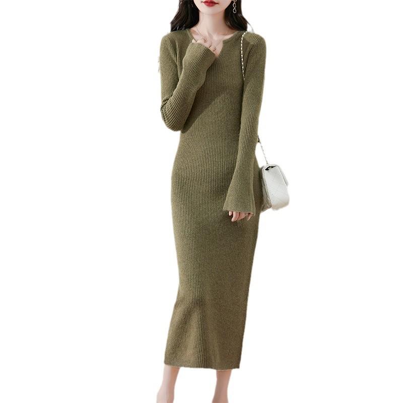 Autumn-Winter Pure Wool Trumpet Sleeve Mid-Length Sweater Dress