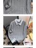 American Style Striped Cable Knit Polo Sweater - Men's Trendy Two-Piece Patchwork with Cleanfit Design