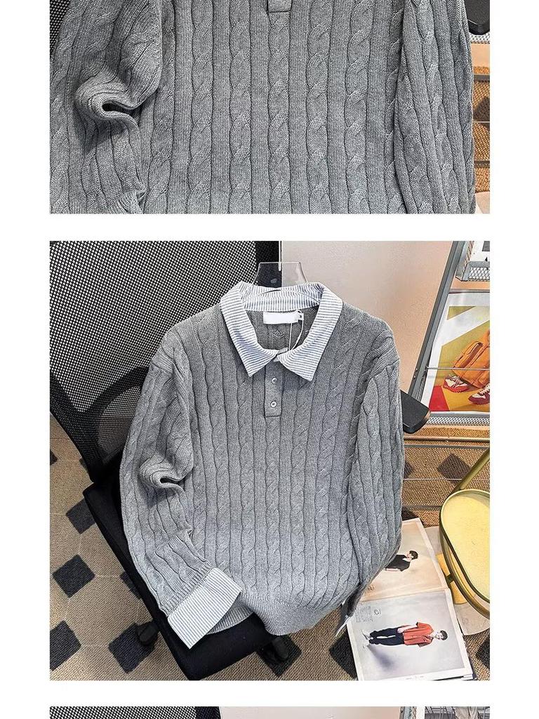 American Style Striped Cable Knit Polo Sweater - Men's Trendy Two-Piece Patchwork with Cleanfit Design