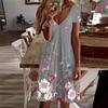 Women Summer Casual Floral Print V Neck One Piece Dress Holiday Beach Wear