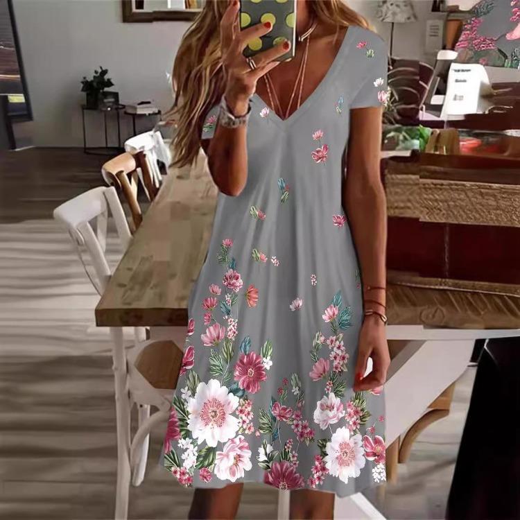 Women Summer Casual Floral Print V Neck One Piece Dress Holiday Beach Wear