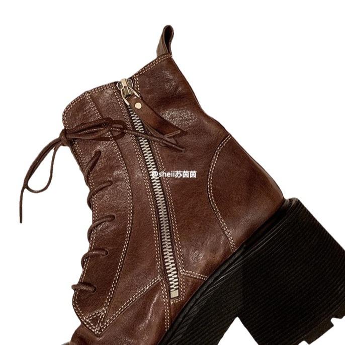 , legs and spice girls~ washed cowhide lace-up thick heel locomotive outdoor short boots women's autumn and winter Martin boots