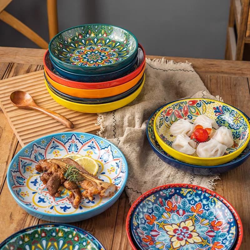 7in or 8in Bohemian Ceramic Plate High Appearance Level Home Creative Dish Plate Fruit Plate Steak Plate Deep Plate Disc Cutlery