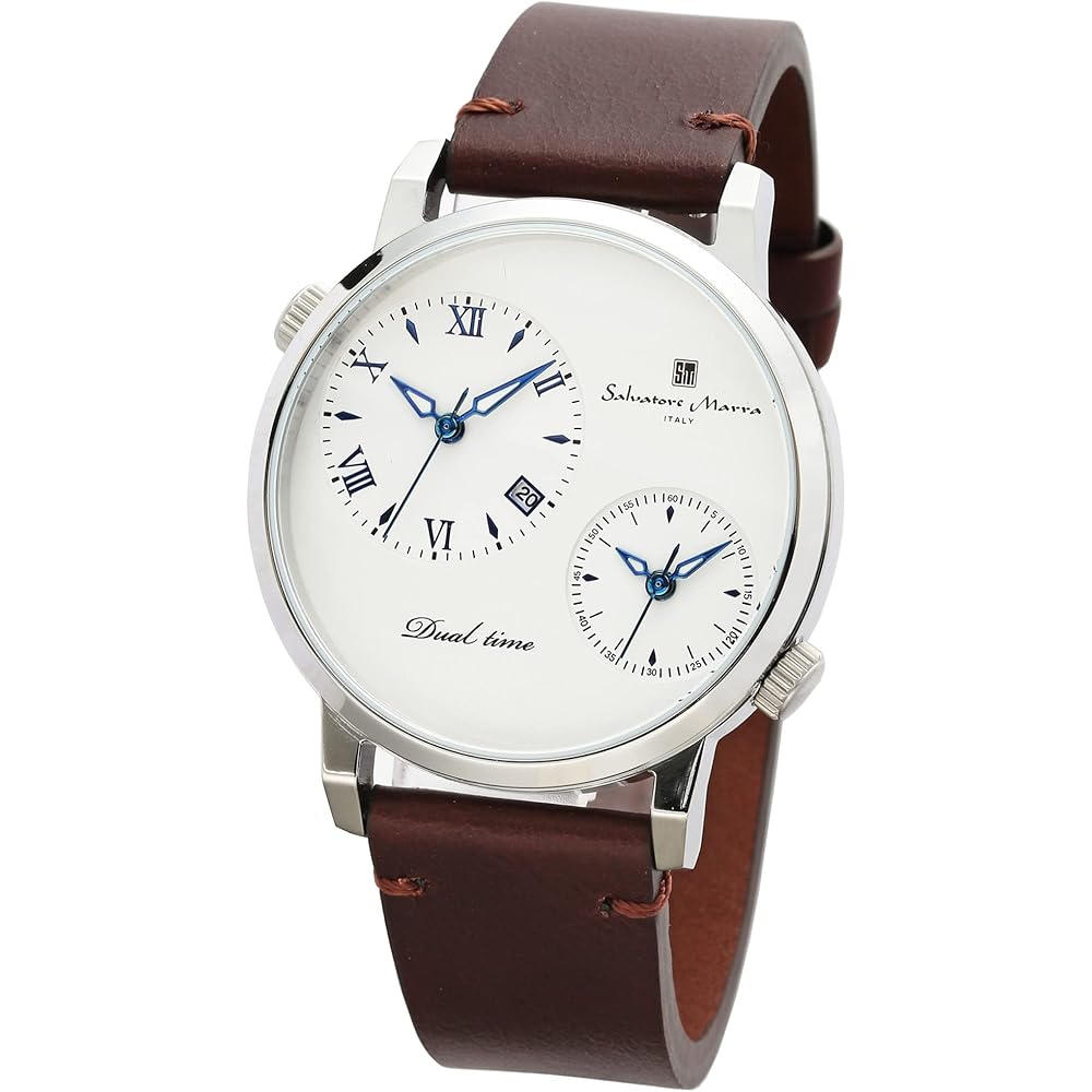 Salvatore Marra Dual Time Analog Quartz Watch Stainless Steel White Silver Leather Strap Unisex