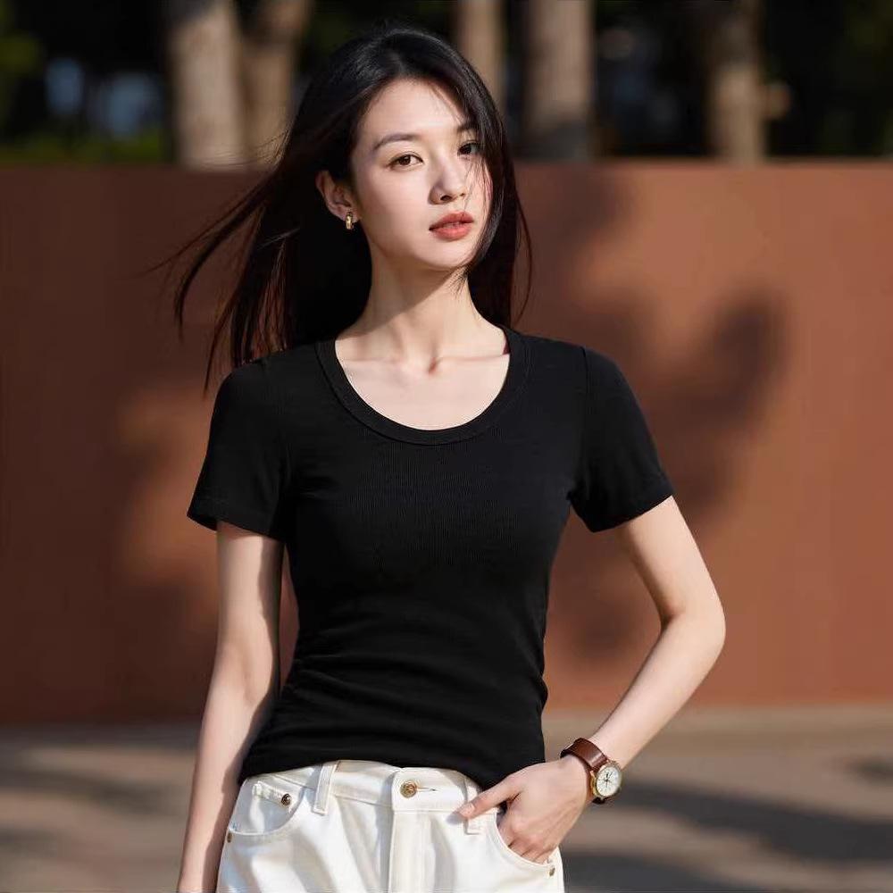 Be careful with the machine U-neck slim-fitting short-sleeved T-shirt for women's summer new waist pinch and thin white bottoming shirt top