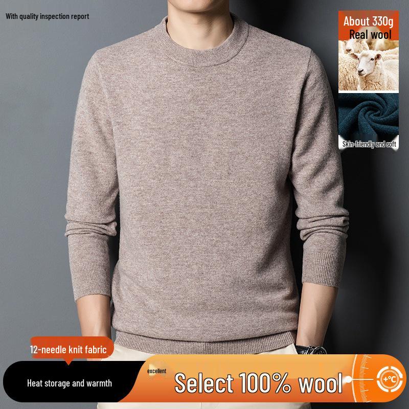 Men's 100% Pure Wool 330g Sweater - 2025 Autumn/Winter Round Neck Solid Color Casual Knit