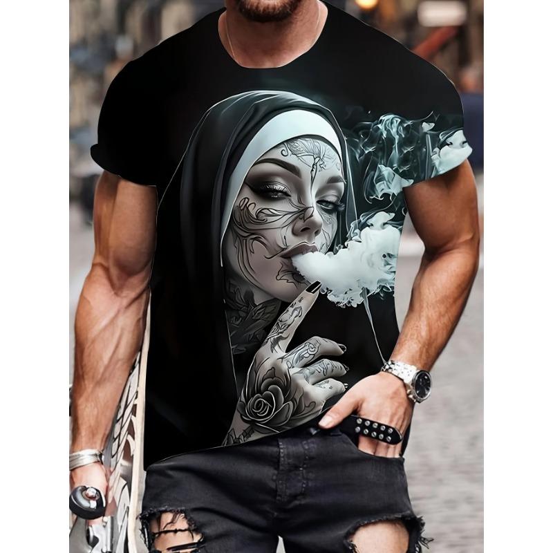 Men's with Smoking Nun 3D Graphic T-Shirt Black Casual Summer