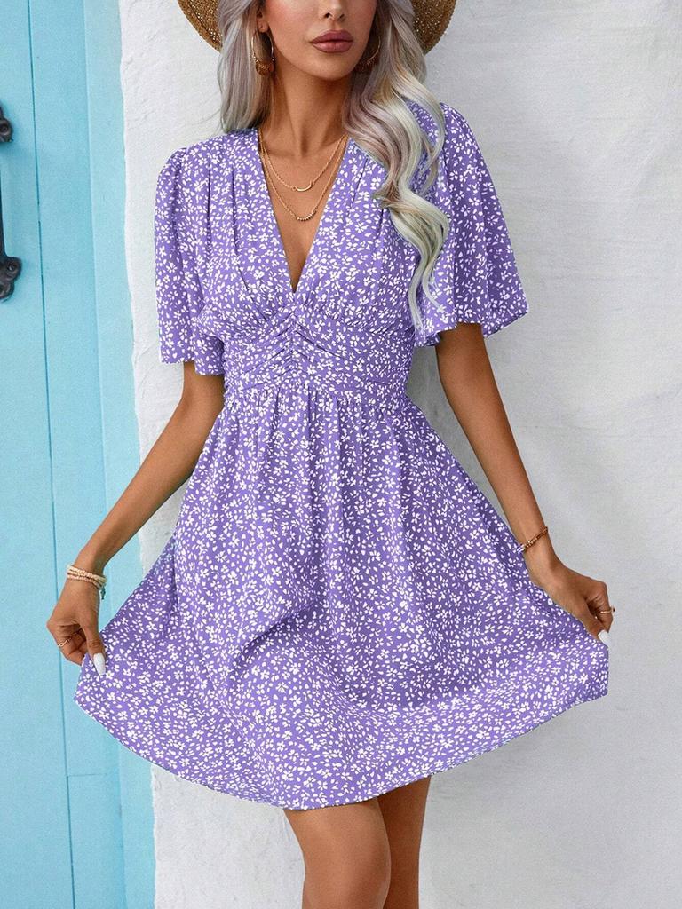 Women's Summer New V-Neck Sleeveless Printed High Waist Floral Ruffled Dress