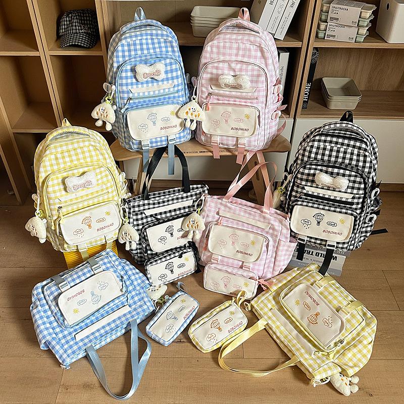 Schoolbag High Value Schoolbag Junior High School Girls High School Students Cute Small Fresh Plaid Backpack Large Capacity Three-piece Backpack