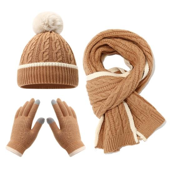 3-teiliges/Set Kinder Mütze Schal Handschuhe Set Einfarbig Zopfmuster Plüschkugel Dekor Mütze Langer Schal Handschuhe Set Elastische Winteraccessoires