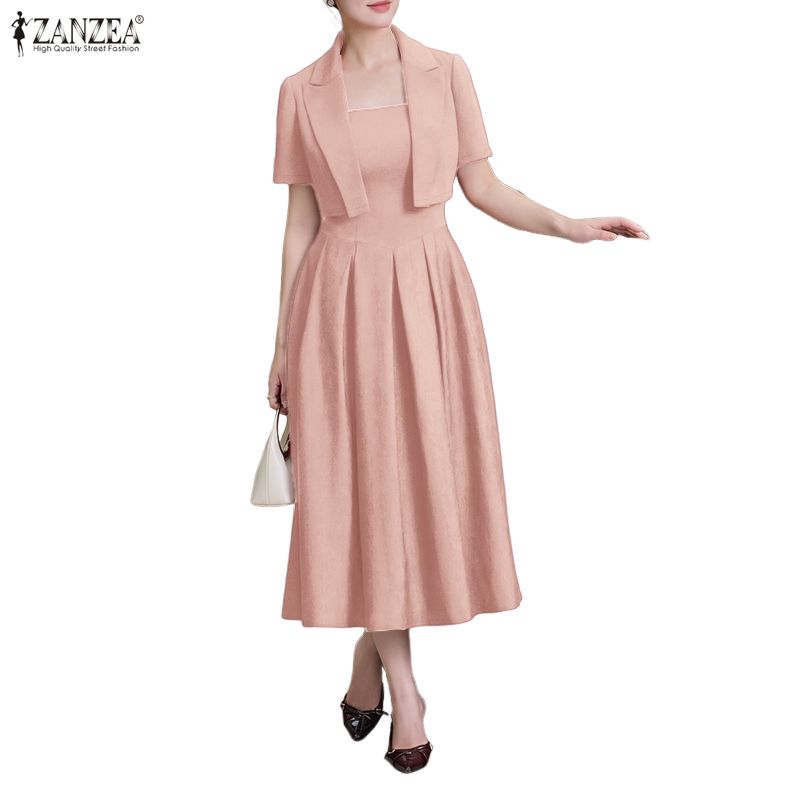 ZANZEA Women Short Sleeve Cardigan Tops and Sleeveless Dress Summer Two Piece Suit Sets