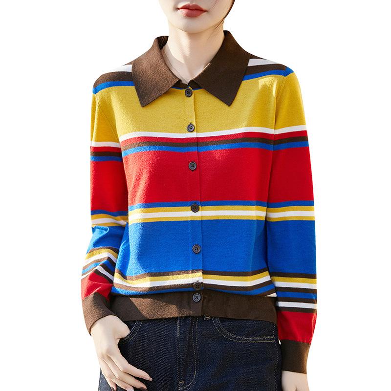 Women's Retro Color Block Striped Polo Knit Cardigan - Long Sleeve, Soft Fluffy Sweater Coat, Age-Reducing Knitwear