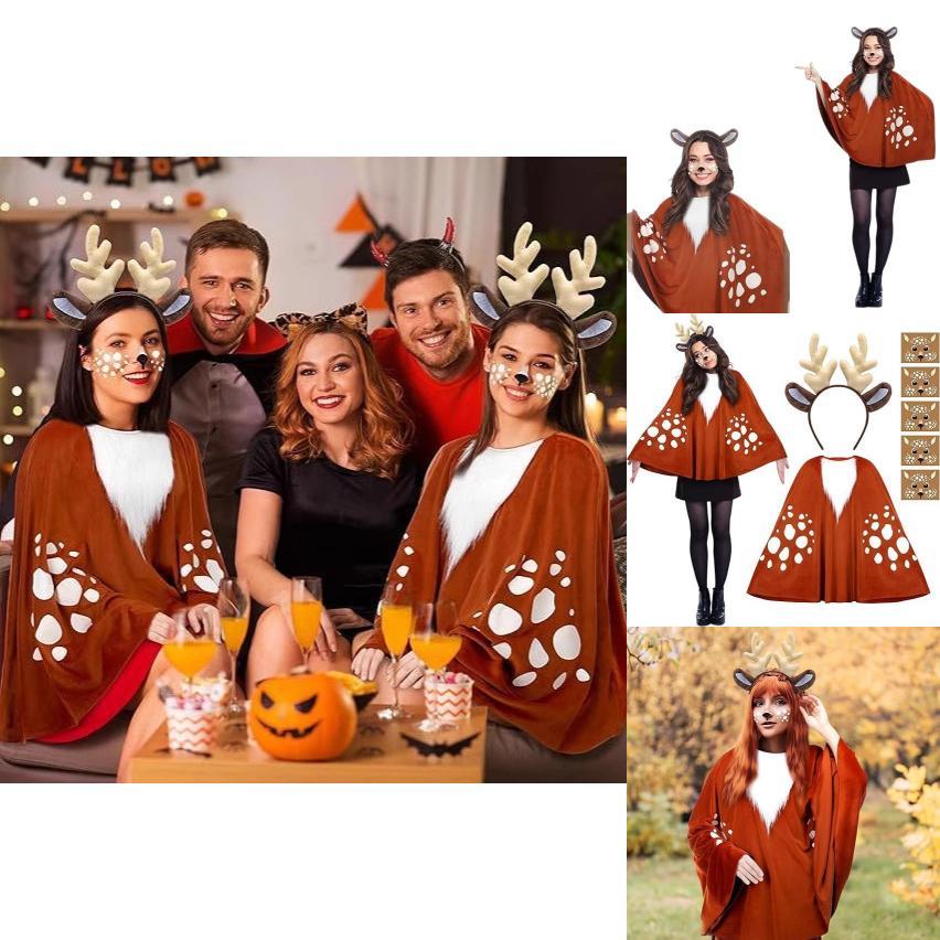 Weihnachts-Cosplay Rentierumhang mit Gesichtssticker und Stirnband für Feiertagspartys