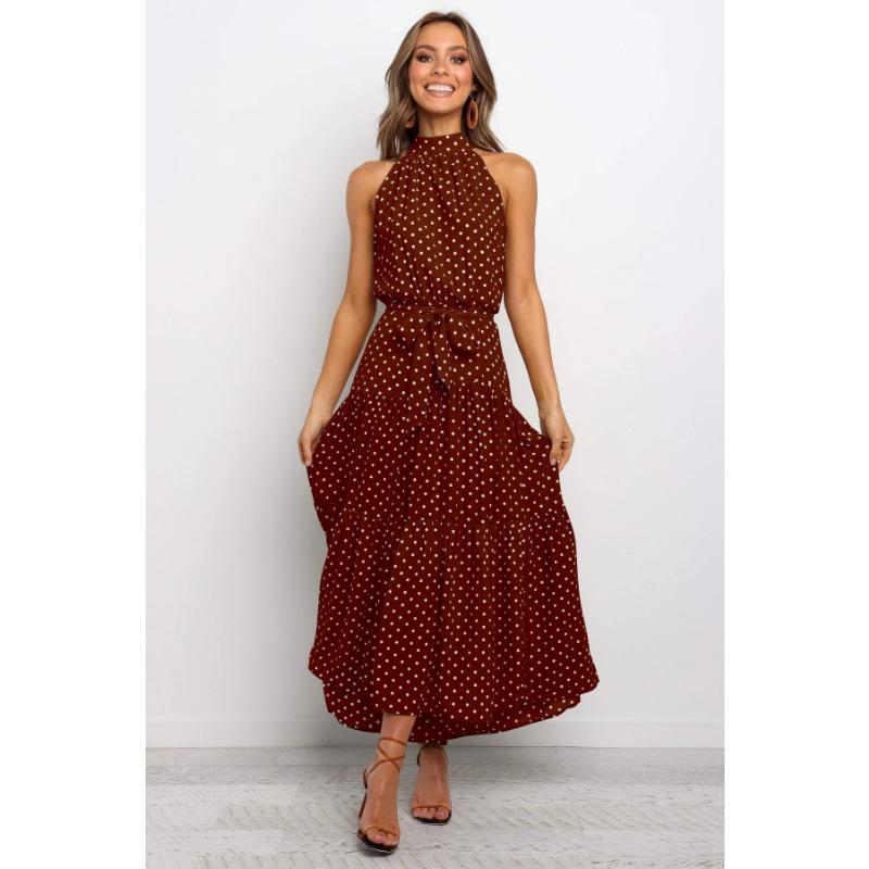 Women's Hanging Neck Polka Dot Printed Tie Dress Long Long Dress