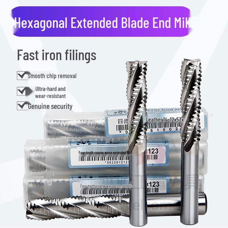 He Ye Straight Shank Extended 6-Flute Coarse Wave Blade Milling Cutter, Super Hard, Sizes 8-20 mm.