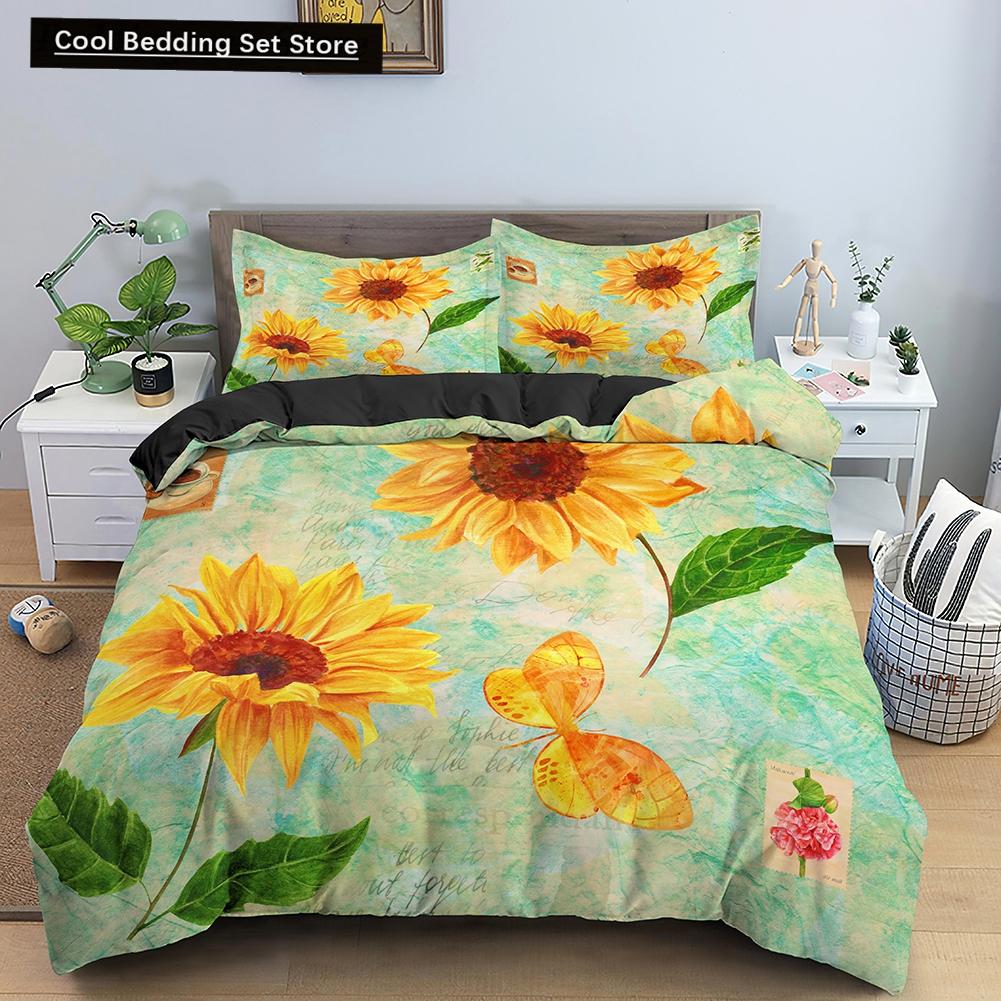 3D Sunflower King Queen Duvet Cover Yellow Flowers Bedding Set  Floral Green Leaves Comforter Cover 2/3pcs Polyester Quilt Cover