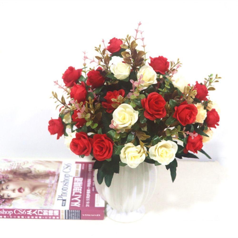 Silk Lifelike Rose Flowers 12 Heads Simulation Plants Leaves  Party Supplies