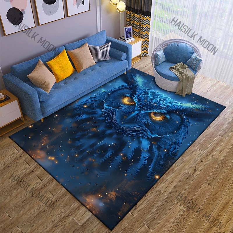Blue owl night sky fireflies forest magical glow Carpet for Living Room Bedroom Home Decor Rus Non-slip Floor Mat Luxury Gift