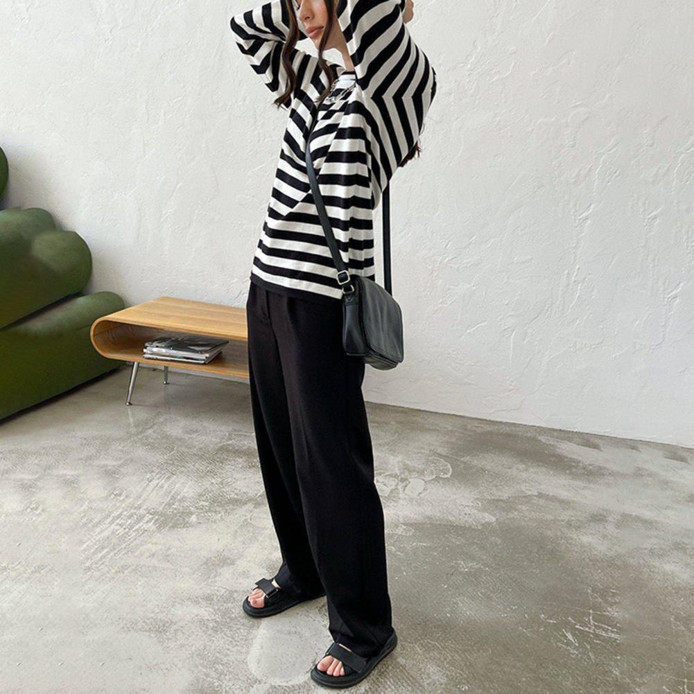 Women Tops Round Neck Long Sleeve Striped Print Sweater Loose Fit Stretchy Retro Knitting Tops Daily Wear