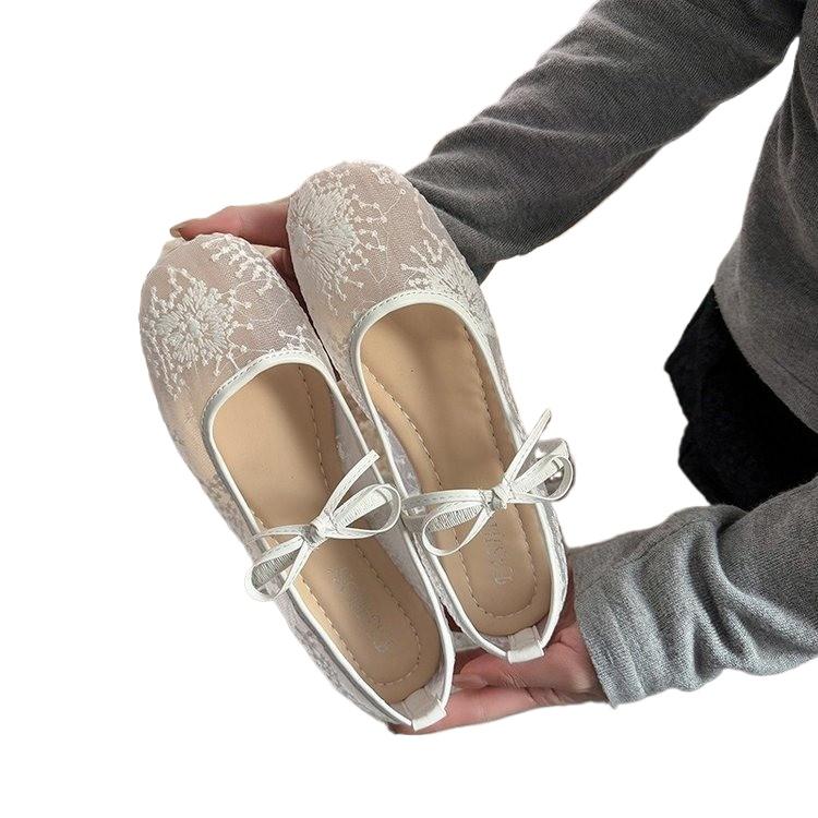 2025 New Spring New Flat Shoes for Women Square Head Shallow Mouth Mesh Fabric Embroidery Butterfly Knot Soft Sole Single Shoe