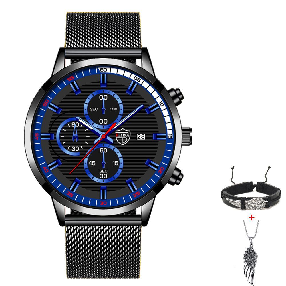 Fashion Men's Casual Watch Man Stainless Steel Mesh Band Wristwatch Mens Calendar Quartz Watches Bracelet Neckalce Set Date Clocki