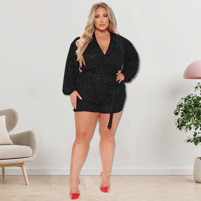 Plus Size Womens Embroidered Sequin Jumpsuit Orange V-Neck Long Sleeve Short Pants Outfit Curvy Ladies