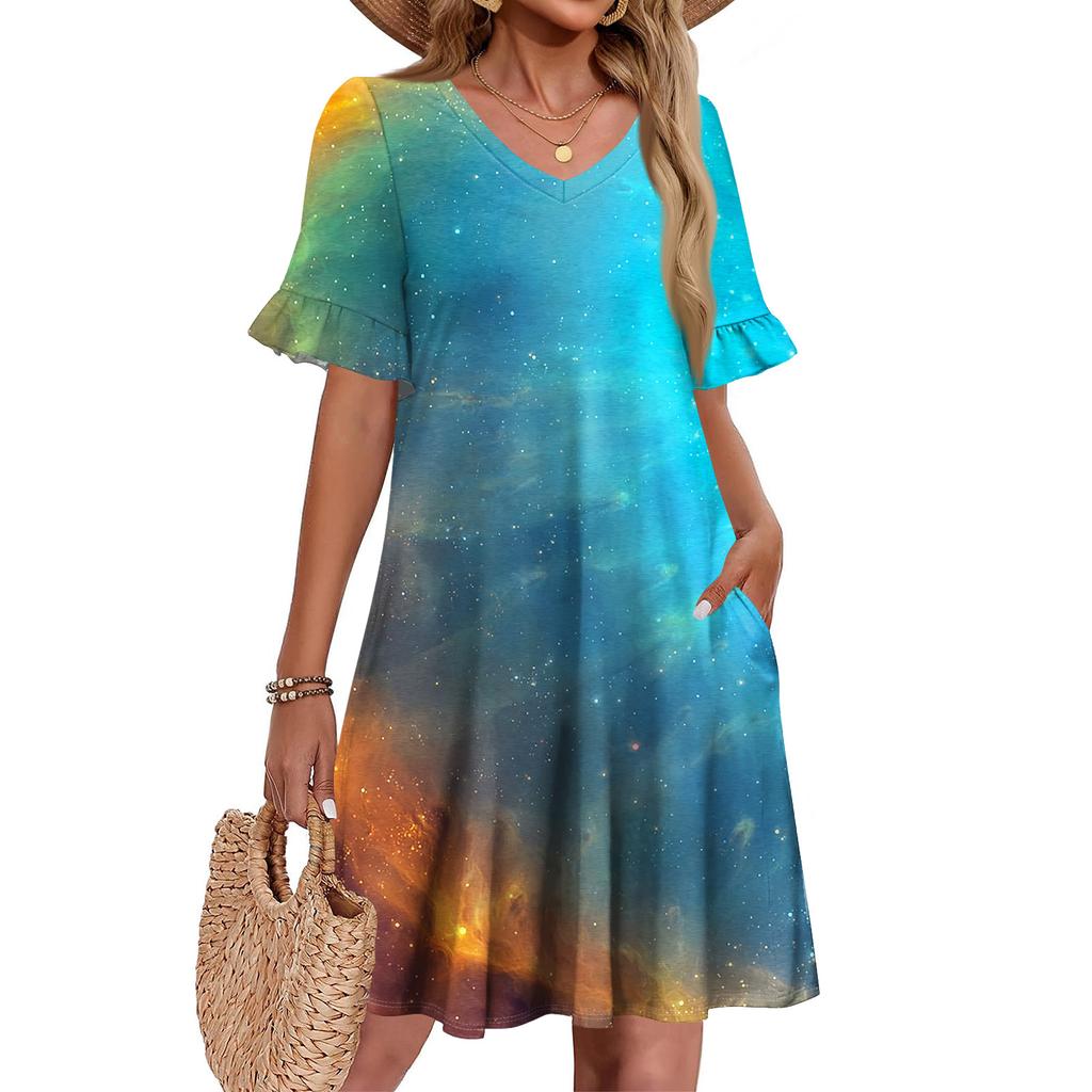 Women A Line Sun Dress Short Sleeve V Neck Printed Dress With Pockets
