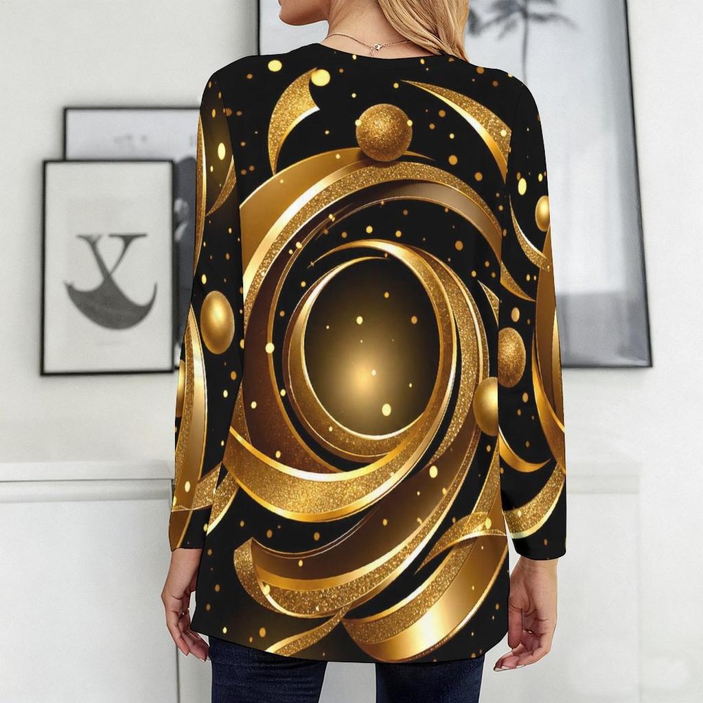 Women Plus Size Round Neck Long Sleeve Black Gold Green Printed Longline T Shirt With Pockets
