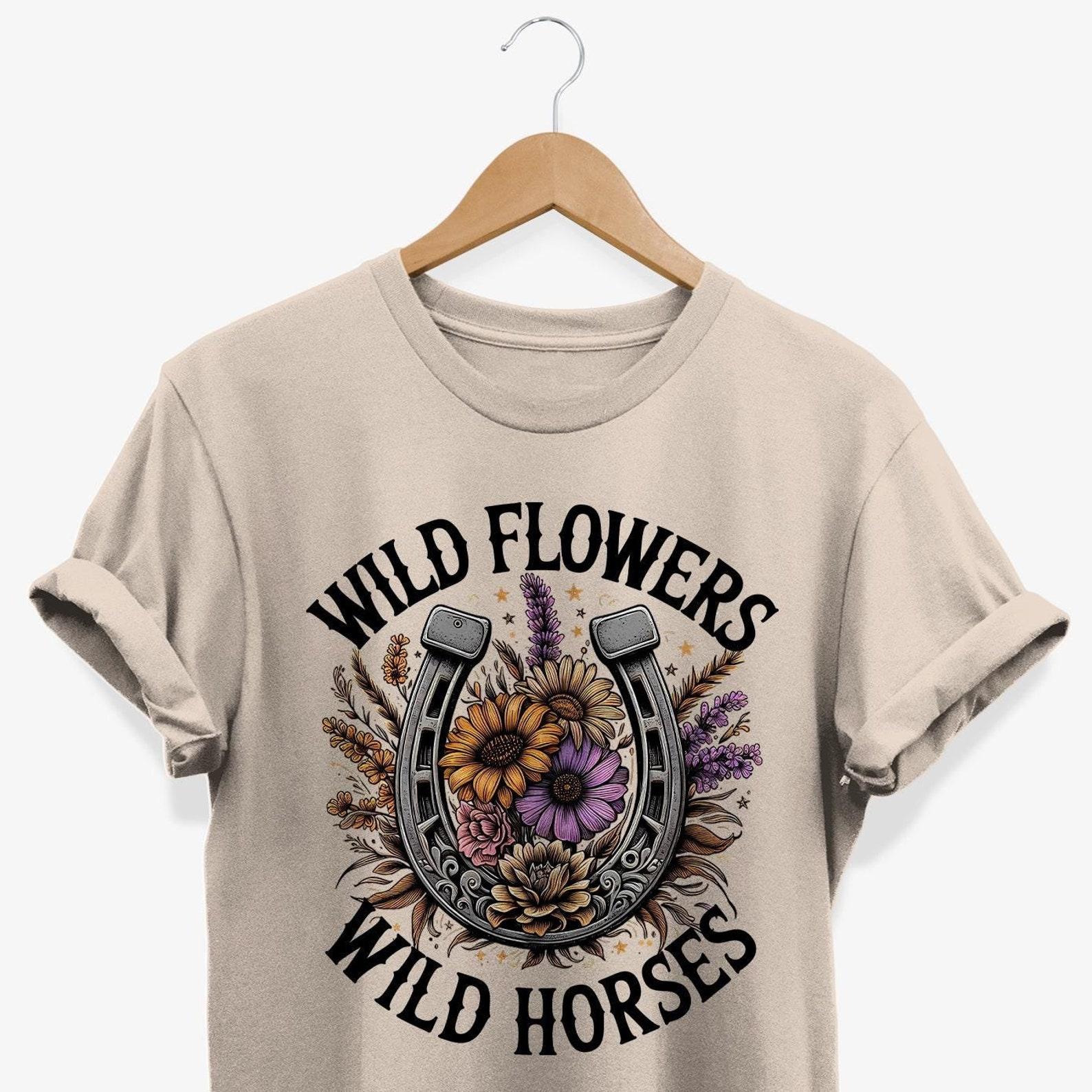 Wild Horses & Flowers Graphic Tee - Western Rodeo Shirt L