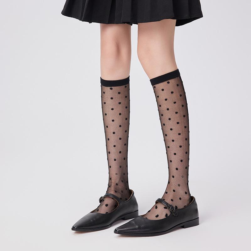 One-Piece Korean Style Polka Dot Silk Mesh Slouch Socks - Women's High Top Thin JK Lolita Calf Socks