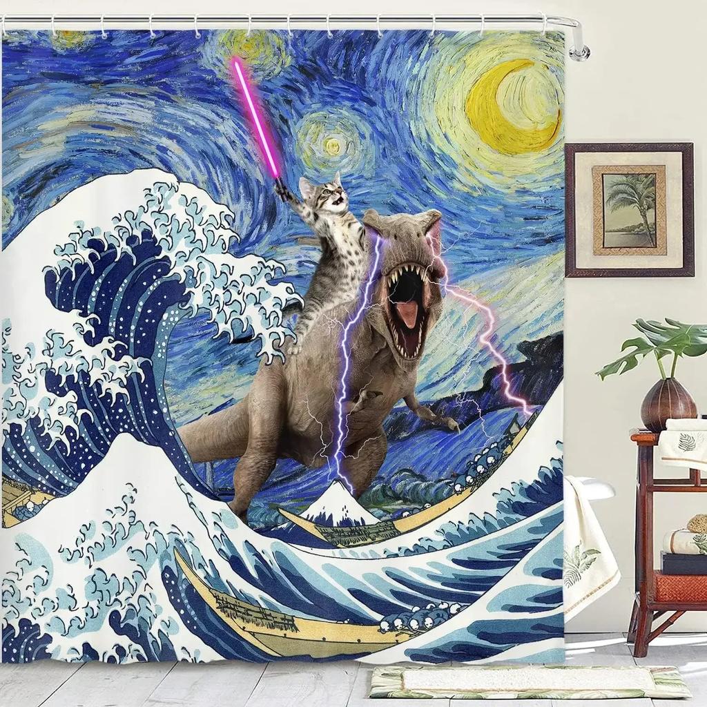 Funny Shower Curtains Bathroom Curtain With Hooks Decor Waterproof Cute Cat Dinosaur Bath Polyester Fabric