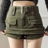 Coffee Brown Denim Mini Skirt Women A-Line High Waist Slim Fit Wrap With Built-in Shorts