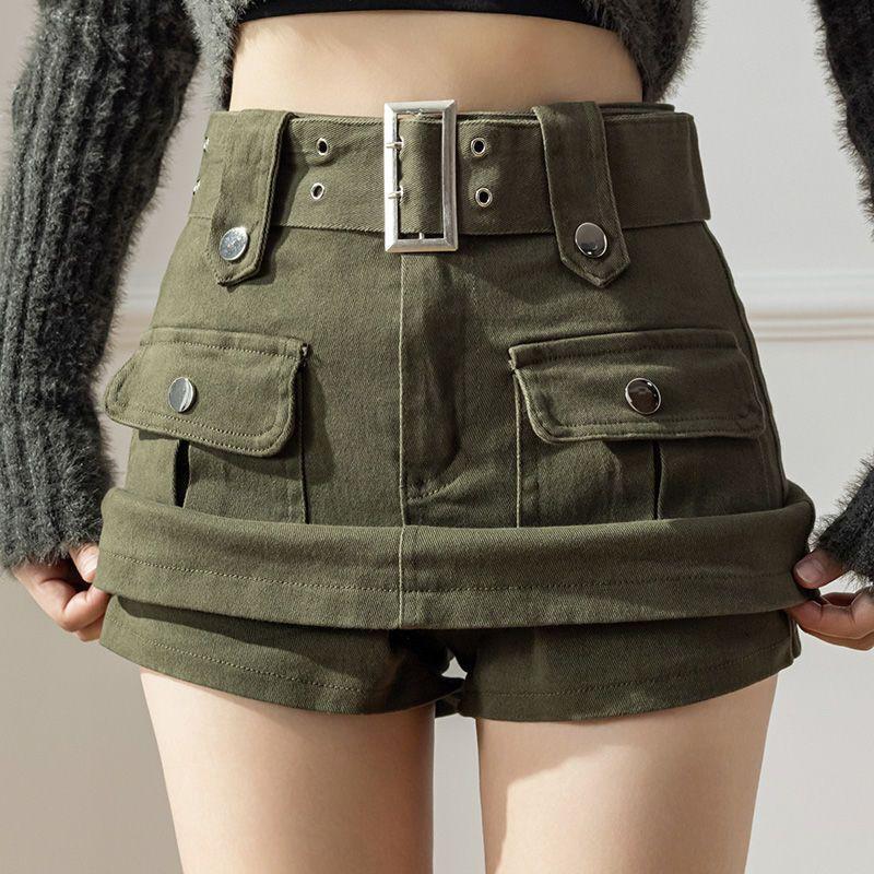 Coffee Brown Denim Mini Skirt Women A-Line High Waist Slim Fit Wrap With Built-in Shorts